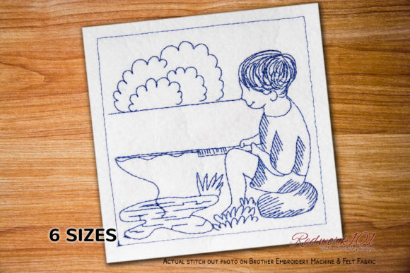 Boy Holding a Fishing Pole Redwork