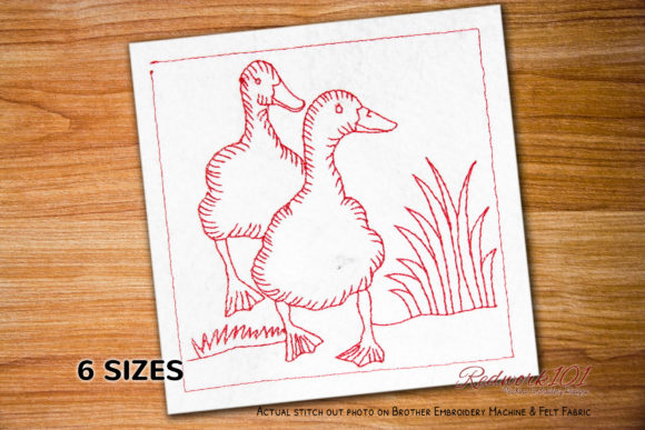 Pair of Ducks on Grass Redwork Design
